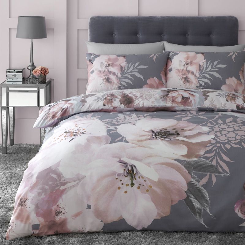 Catherine Lansfield Dramatic Fl, Grey And White Single Bedding