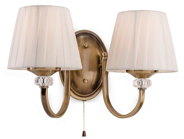 Firstlight Langham 2 Light Wall (Switched) in Antique Brass with Pleated Cream Shades