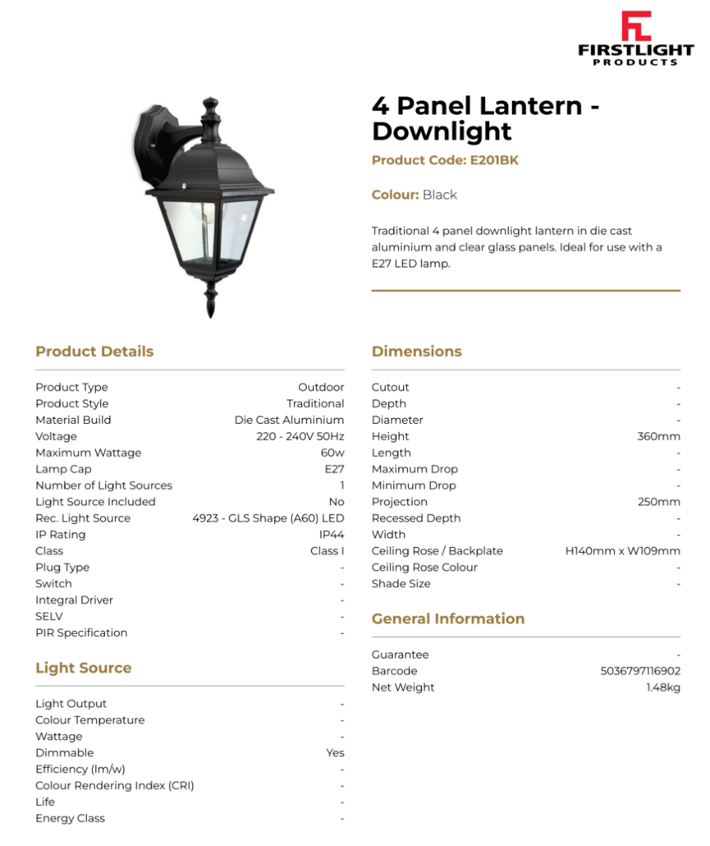 Firstlight 4 Panel Lantern – Downlight in Black – E201BK – Atkinsons ...