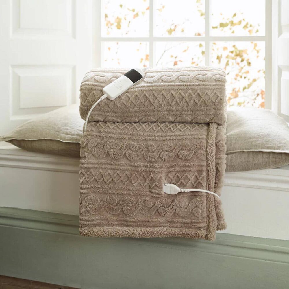 Cable taupe heated sherpa throw