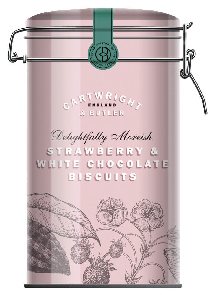189091 strawberry and white chocolate biscuits biscuits with white chocolate and strawberries tin cartwright and butler