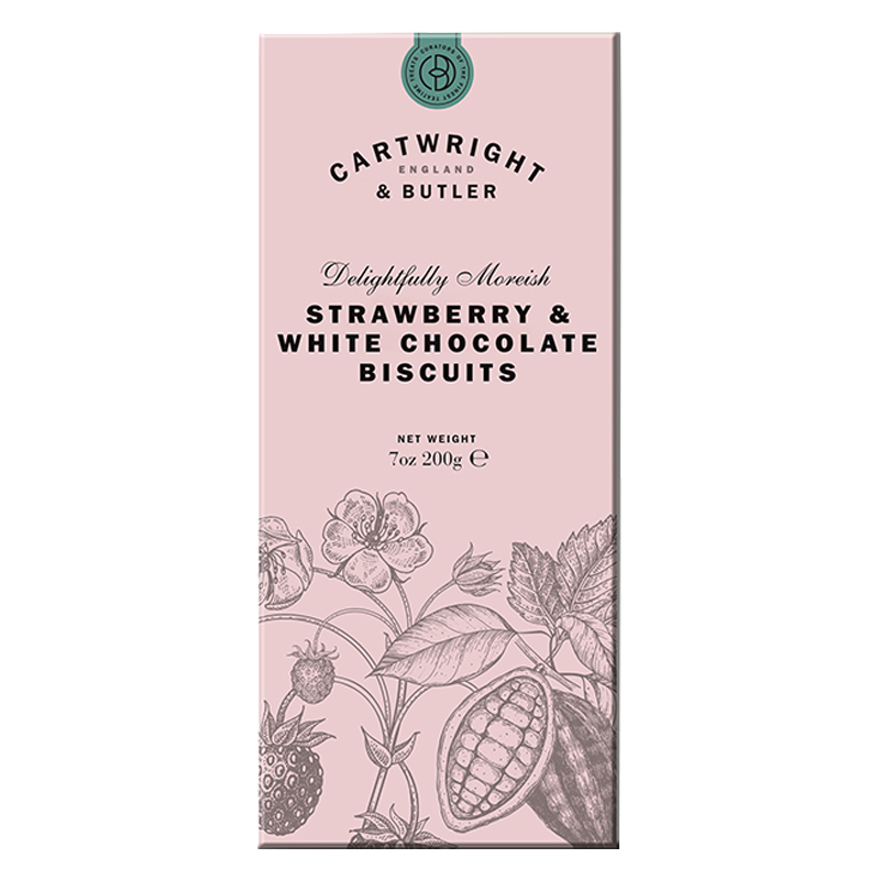 O12396 biscoitos de morango e chocolate branco cartwright butler 200g