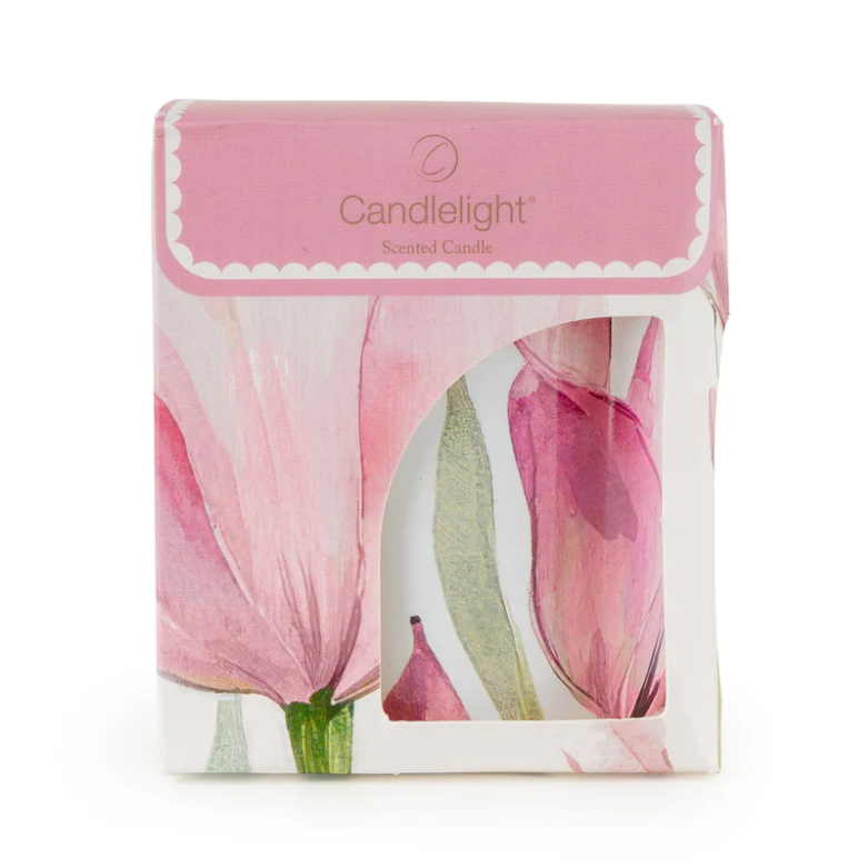 Candlelight Products 9Cm Glass Candle Pink Tulips With 5% Ros