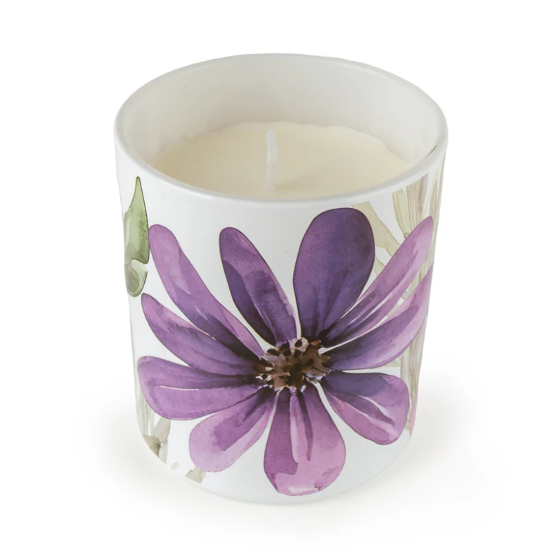 Candlelight Products 9Cm Glass Candle Purple Flowers