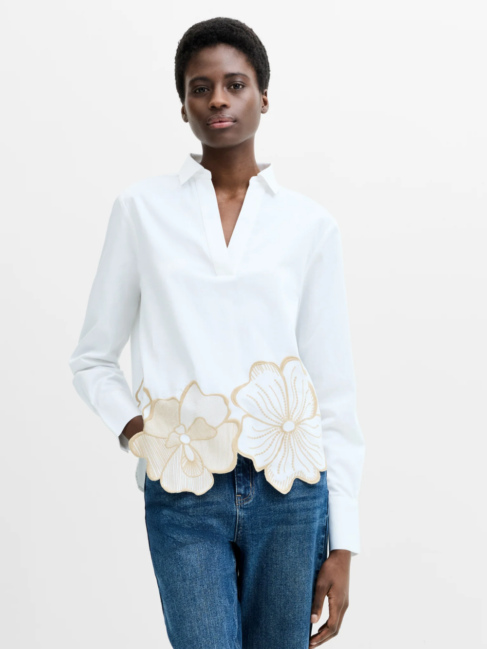 French Connection Alexis Cotton Floral Embroidered Shirt Lin Wht Sesam Neutr