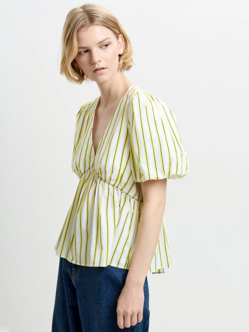 French Connection Cambria Cotton Peplum Top Yellow Navy Stripe