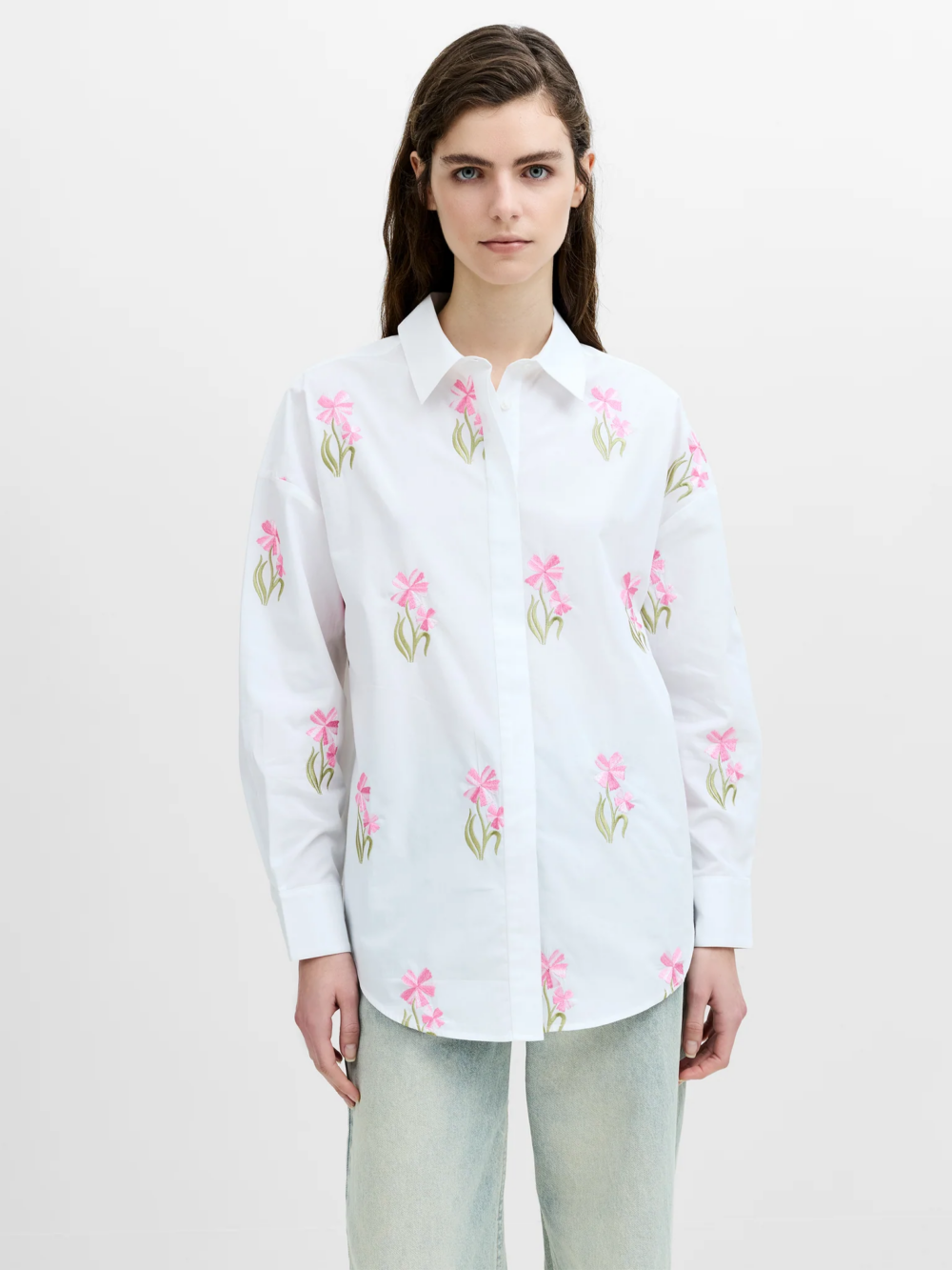 French Connection Cambria Embroidered L S Shirt Lin Wht Pink Multi