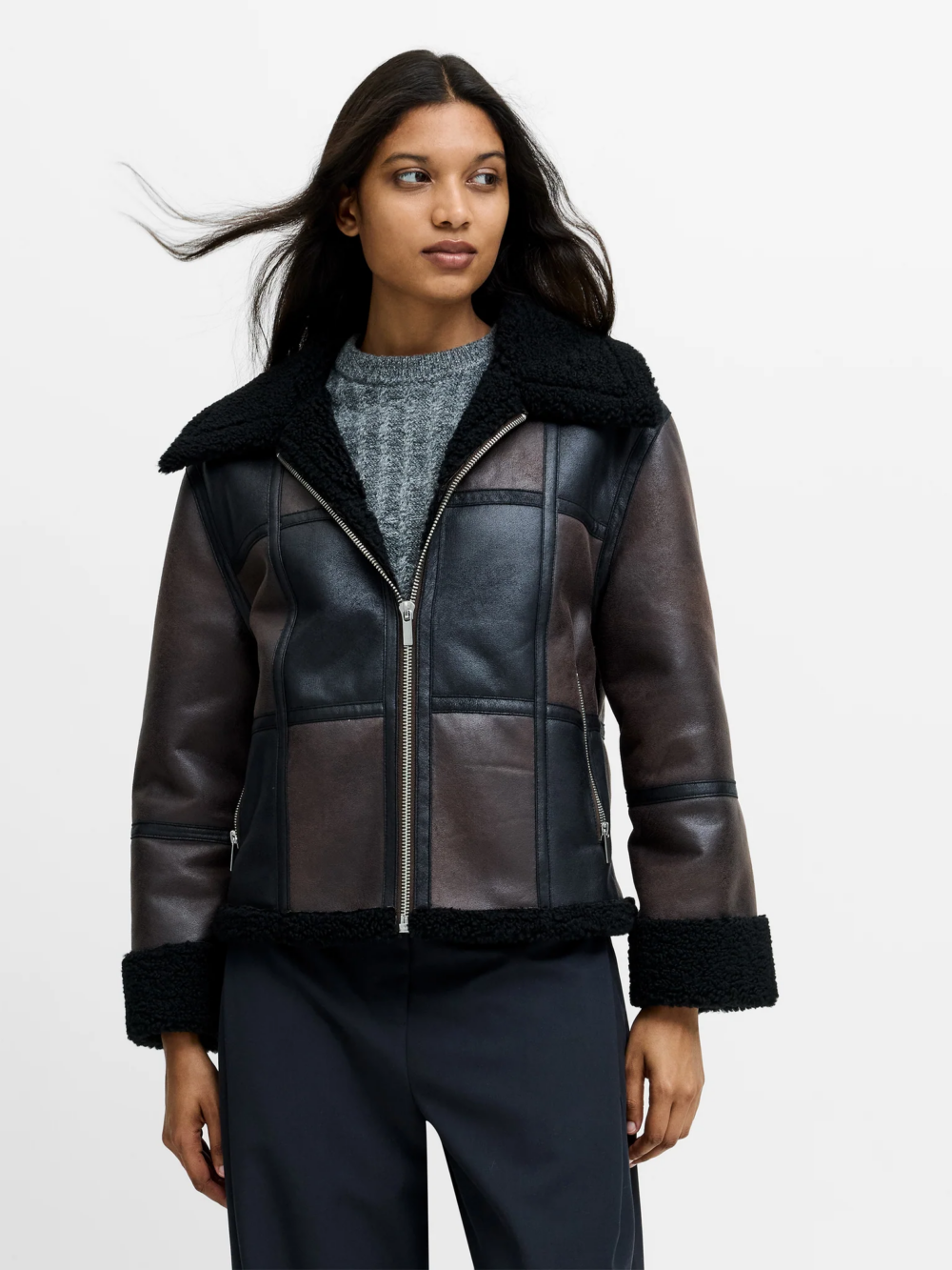 French Connection Camry Suede Patchwork Faux Shearling Jacket Brown