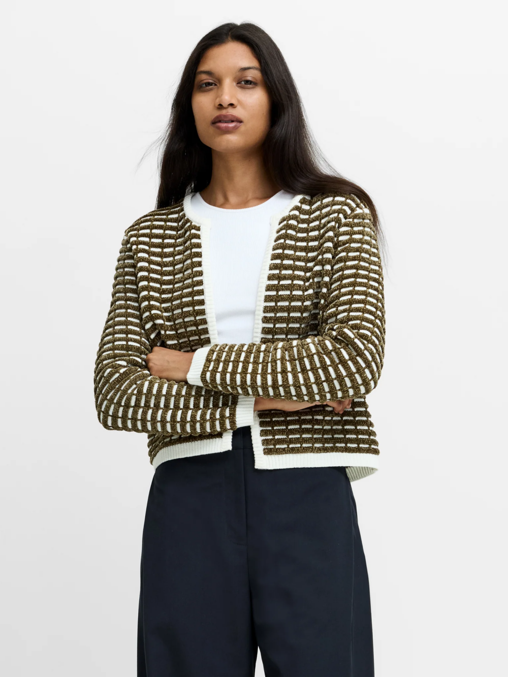 French Connection Dion Noar Edge To Edge Cardigan Khaki Grn Porc Crm