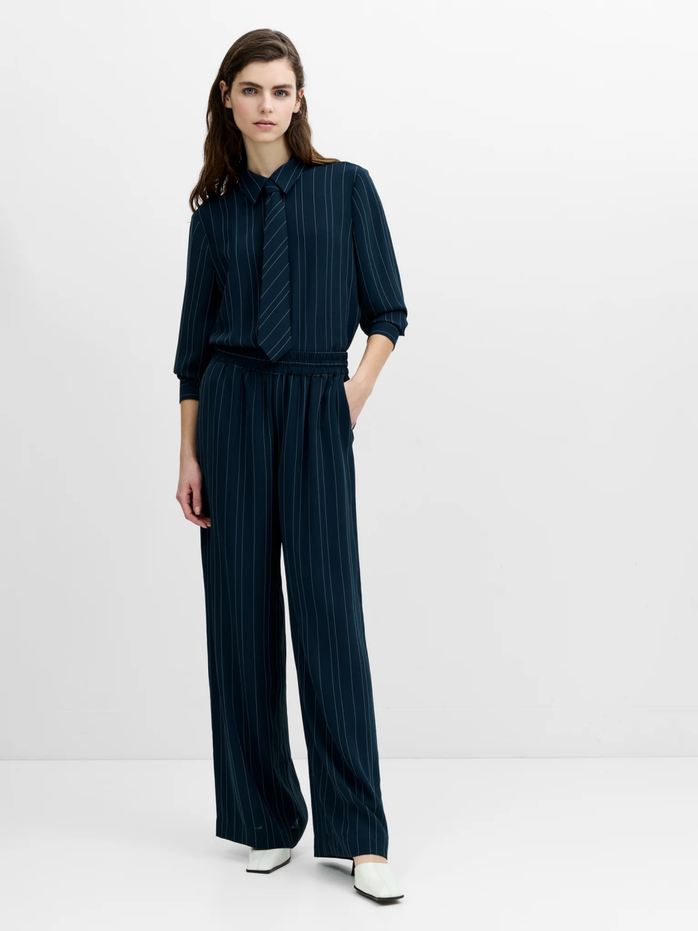 French Connection Erma Pinstripe Wide Leg Trouser New Nvy Ethe Blue