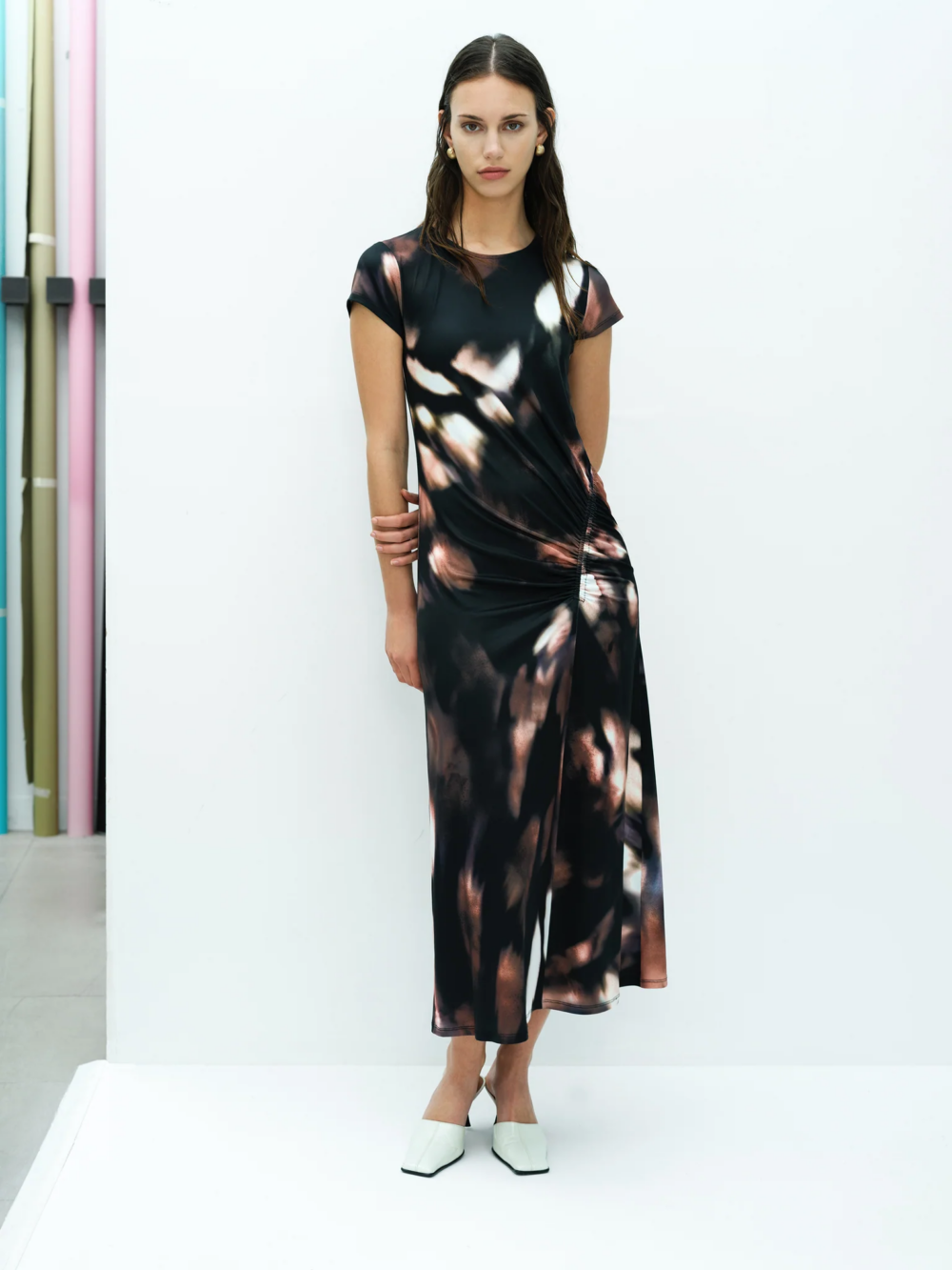 French Connection Josephine Maxine Jersey Ruched Midi Dress Brown Multi