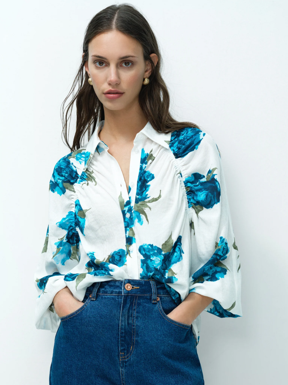 French Connection Lara Aleya Crinkle Raglan Sleeve Blouse Winter White Blue