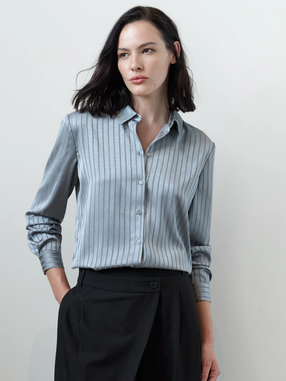 French Connection Maggie Satin Stripe Shirt Silver Grey
