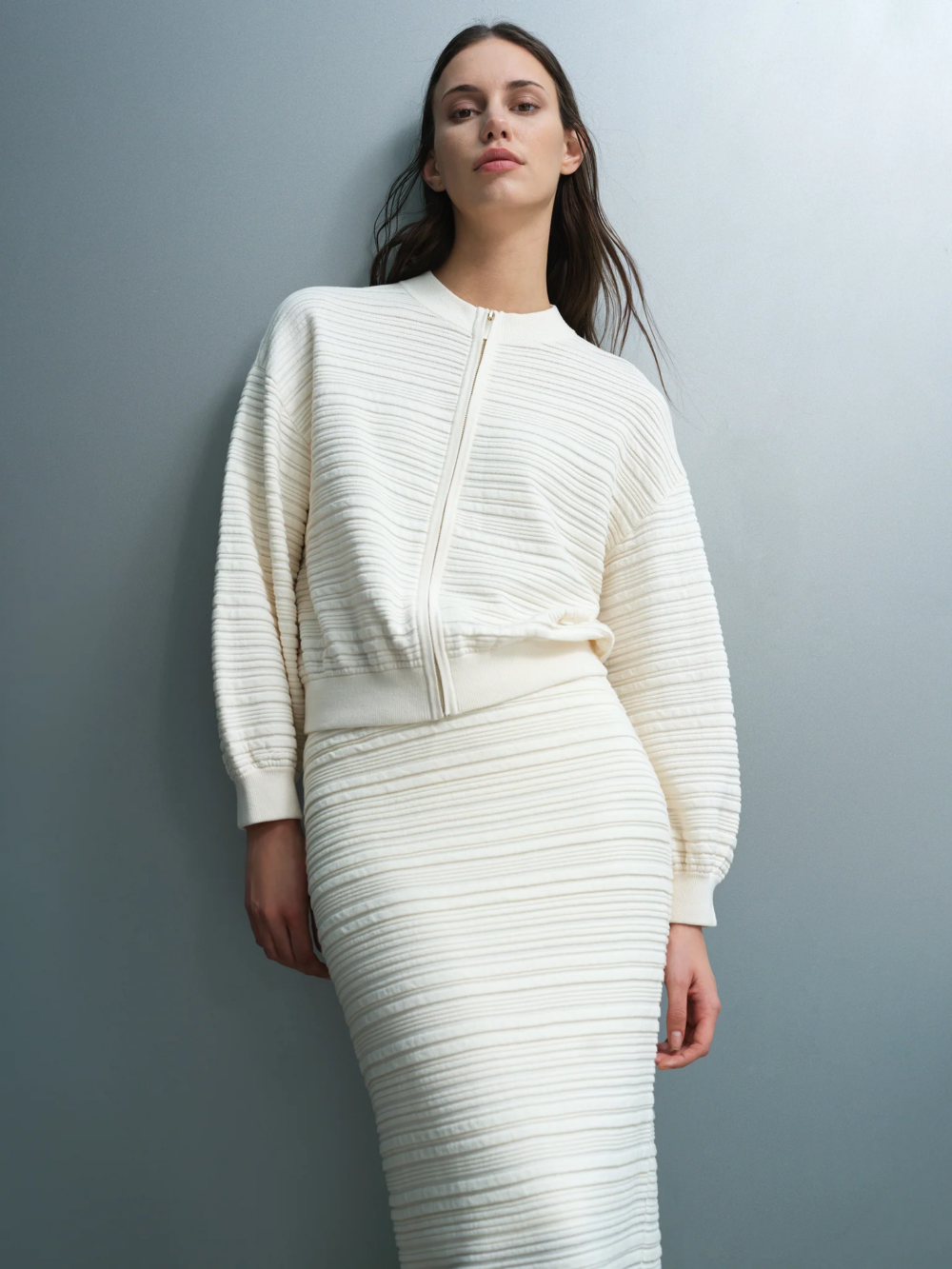 French Connection Mayim Knit Pleated Cardigan Porcelain Cream