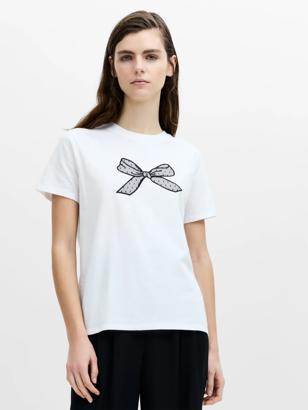 French Connection Mesh Bow Cotton T Shirt Linen White Black