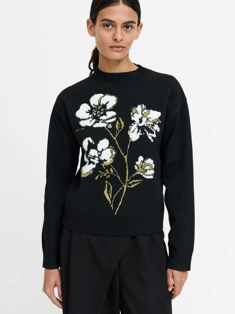 French Connection Oriana Floral Neck Jumper Blk Khaki Grn Multi