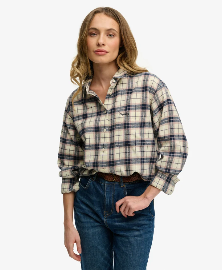Superdry Check Flannel Relaxed Shirt Off White Mix Check