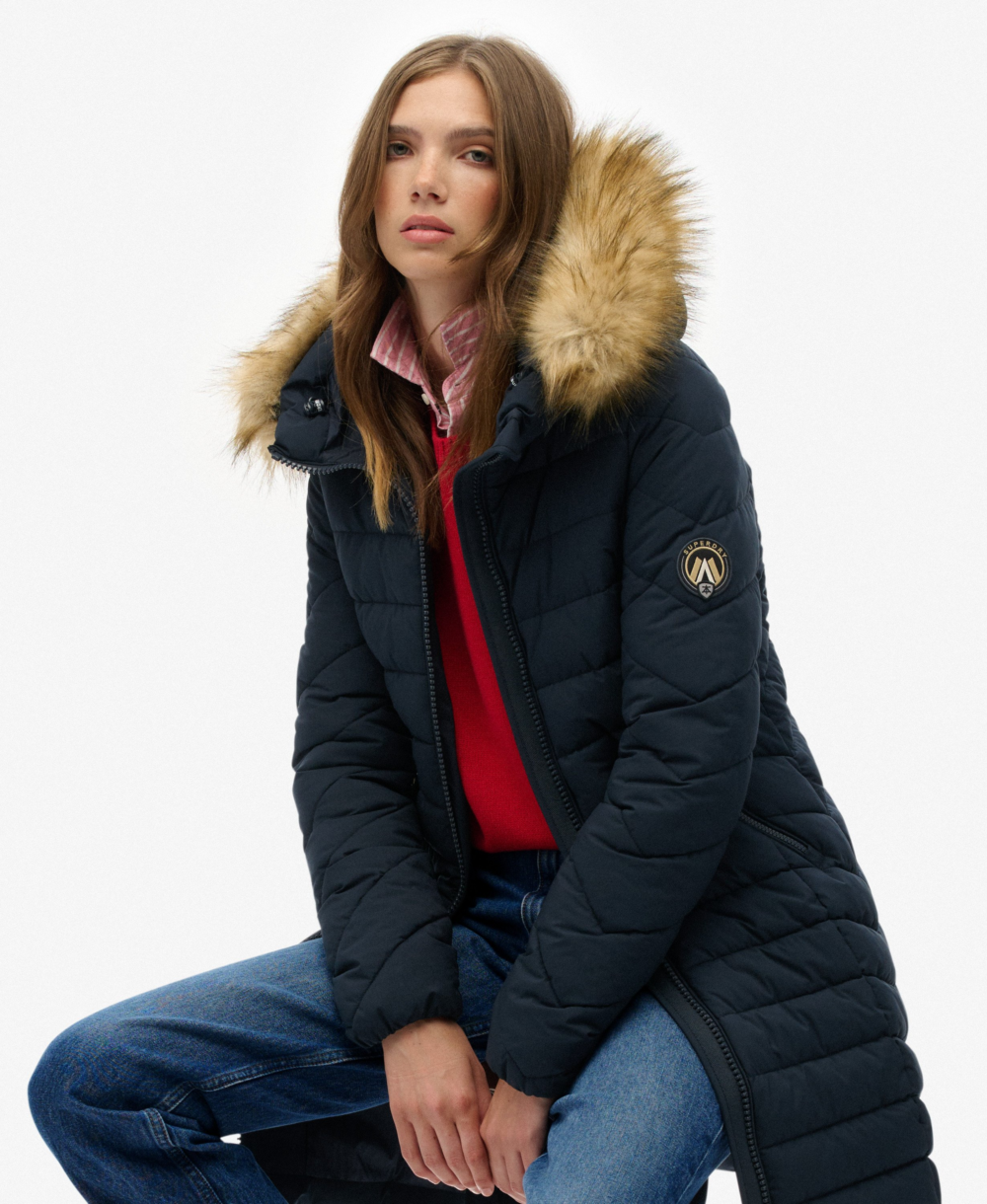 Superdry Hood Faux Fur Fuji Mid Length Darkest Navy